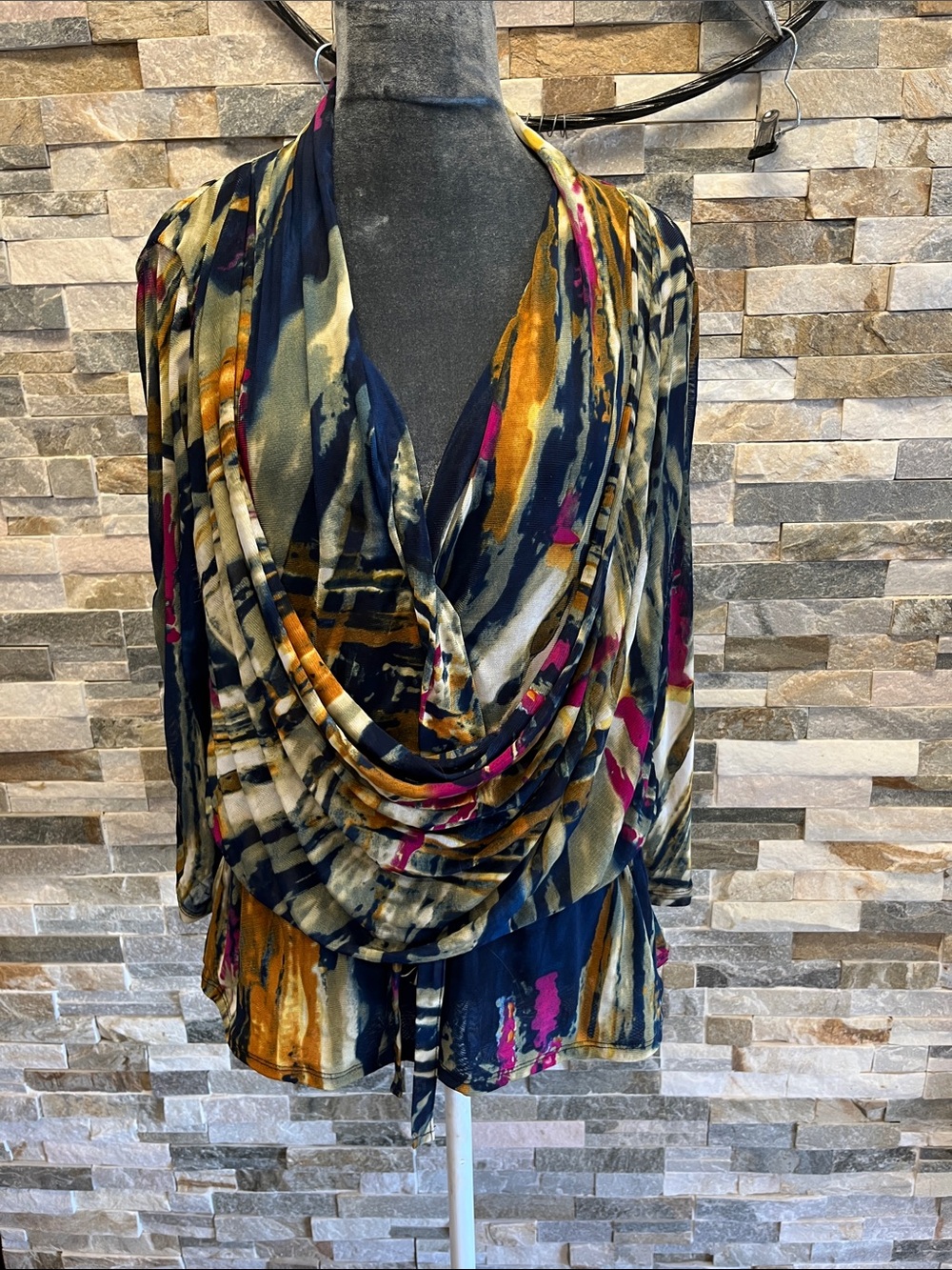 Draped Abstract Print Blouse - Navy/Mustard/Pink
